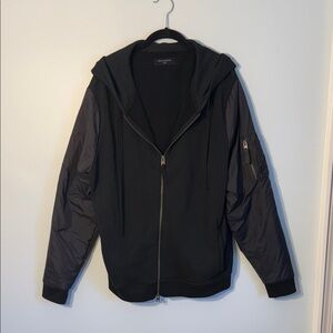 AllSaints Black Knit Zip Hoodie with nylon sleeves